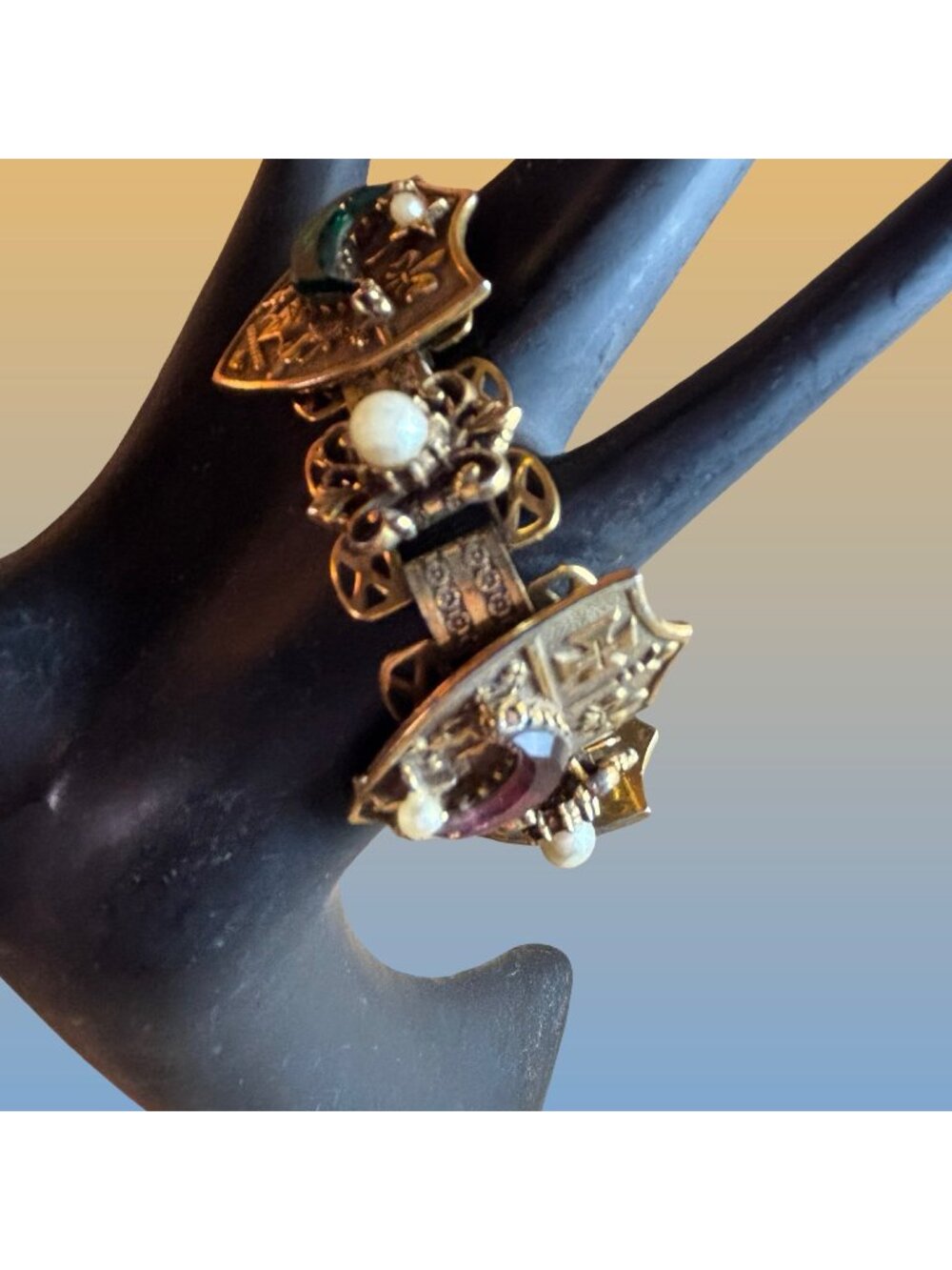 1950s Heraldic Panel Bracelet Antique Gold Tone Medieval Crest Design Vintage
